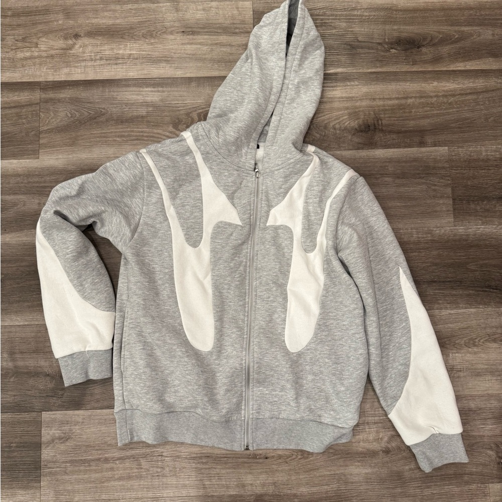 Gray and White Hoodie with Abstract Design